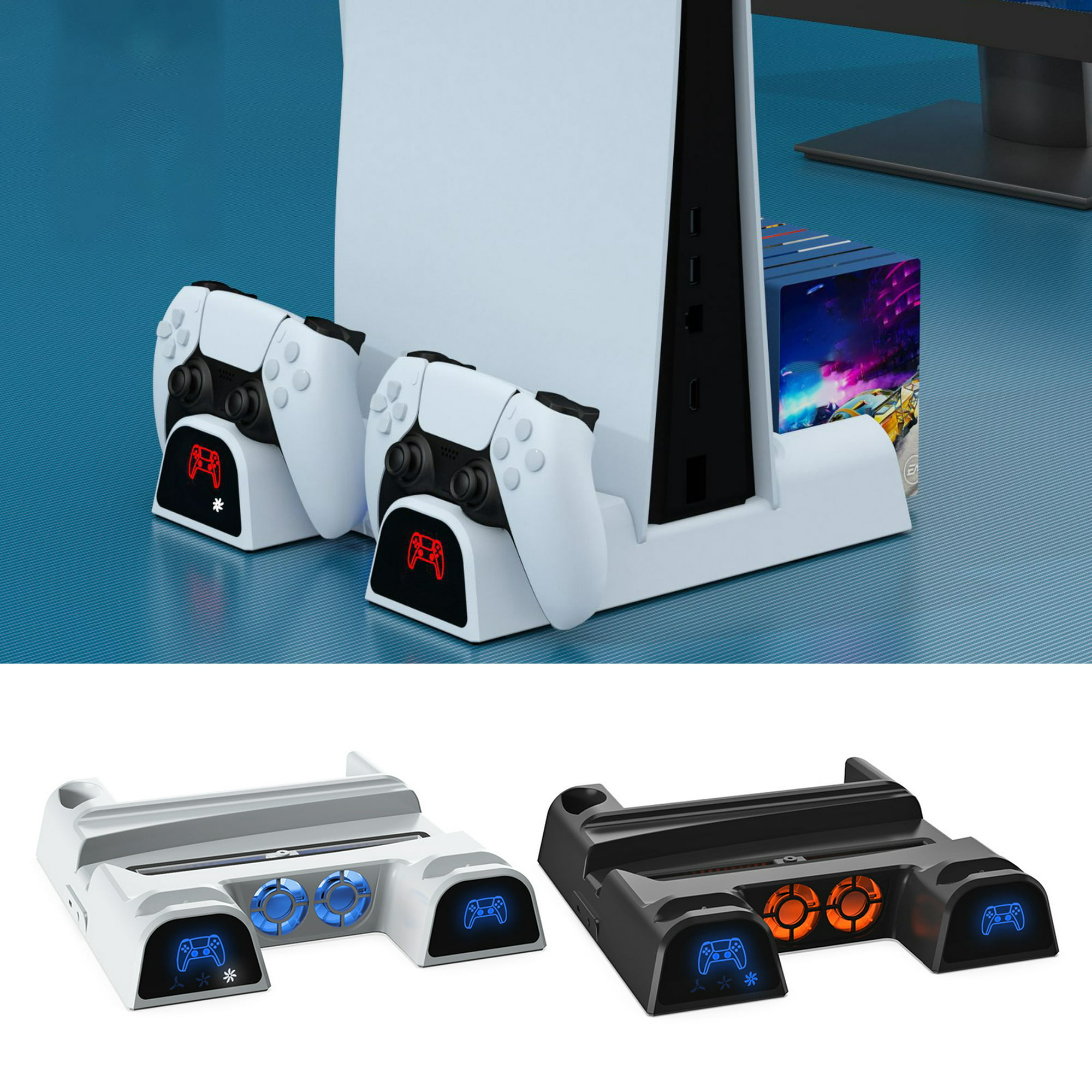  Soporte para PS5 y estación de refrigeración con estación de  carga de controlador dual para consola Playstation 5, accesorios PS5,  incluido cargador de controlador, ventilador de refrigeración, : Videojuegos