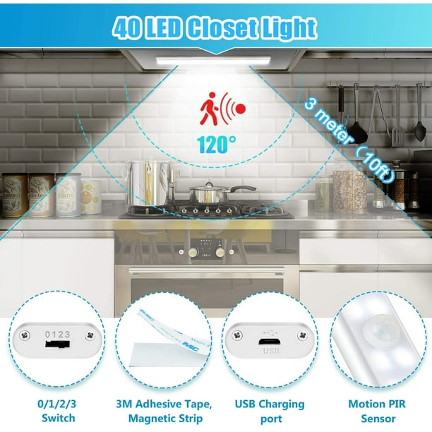 Tira de luz LED con sensor de movimiento recargable USB 60 LED, batería de  litio, impermeable, color frío, para dormitorio, caja de libros, enfriador