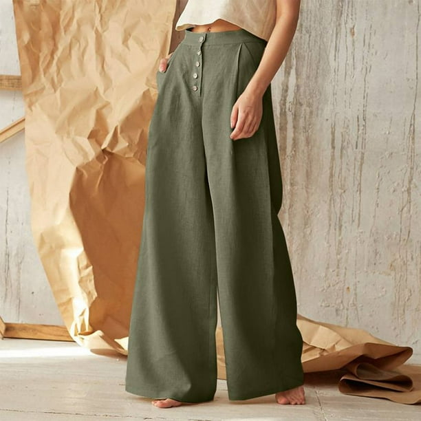 Pantalones Anchos Pantalones de pierna ancha para mujer Pantalones casuales  de cintura alta de algodón con bolsillos (Negro XL) Kuymtek para Mujer  Negro T XXL