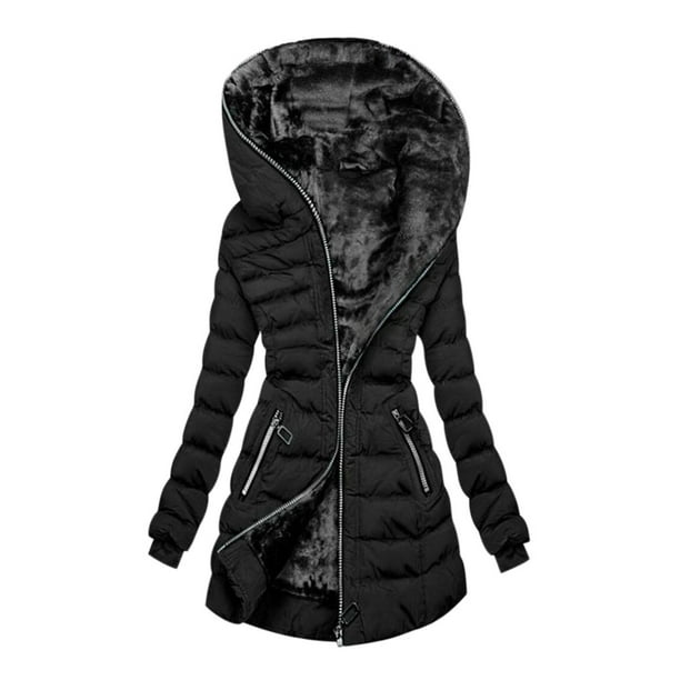 Chaquetas para mujer Chaqueta de algodón de terciopelo y cálida con capucha  de invierno Abrigo de longitud media Chaqueta acolchada negra Odeerbi ODB-3
