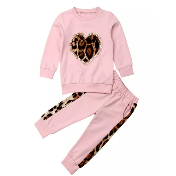 Ropa de bebé niña pequeña Pullover Top Sudadera con estampado de leopardo  Pantalones Trajes de otoño invierno XBTCLXEBCO Rosa, 2-3 años