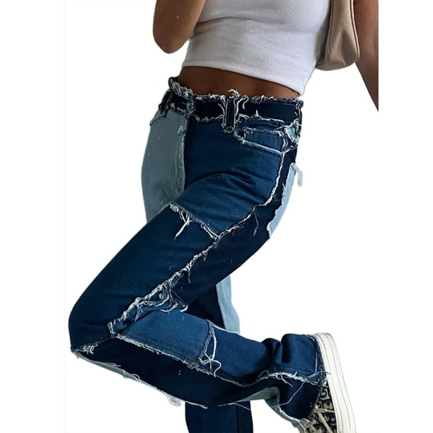 Pantalones vaqueros de pierna recta de retazos para mujer Pantalones de  mezclilla de bloque de color deshilachado y estiramiento de tiro medio  XBTCLXEBCO Azul, Chico