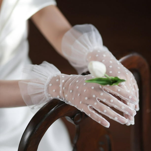 1 par de guantes blancos de novia, guantes de encaje, de tul de completo,  muñeca corta de disfraces, guantes de boda para damas para Yinane Guantes  cortos