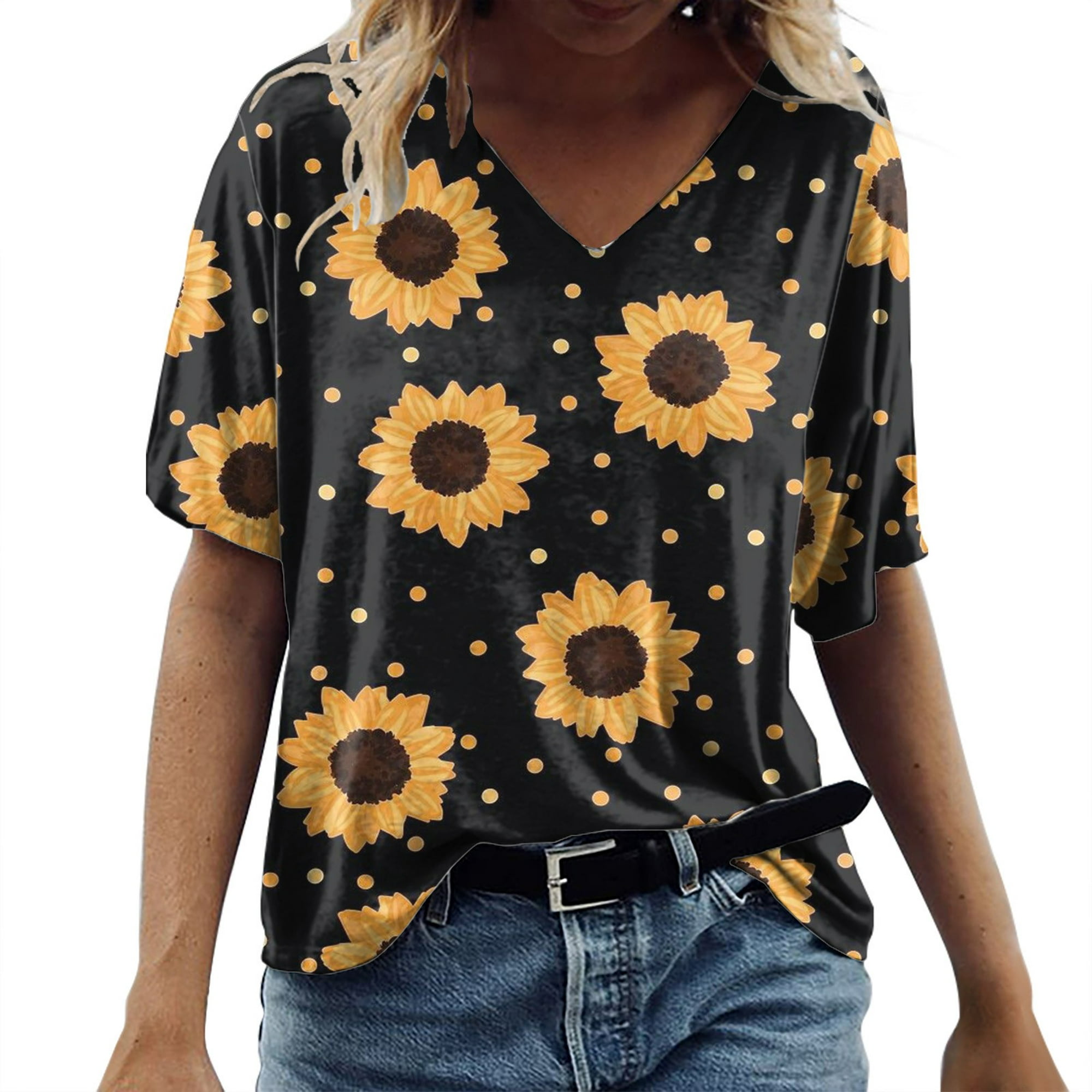 Camiseta de verano de girasol para mujer, blusa suelta de talla grande,  camiseta de manga corta para niña, camiseta casual de manga larga para  mujer