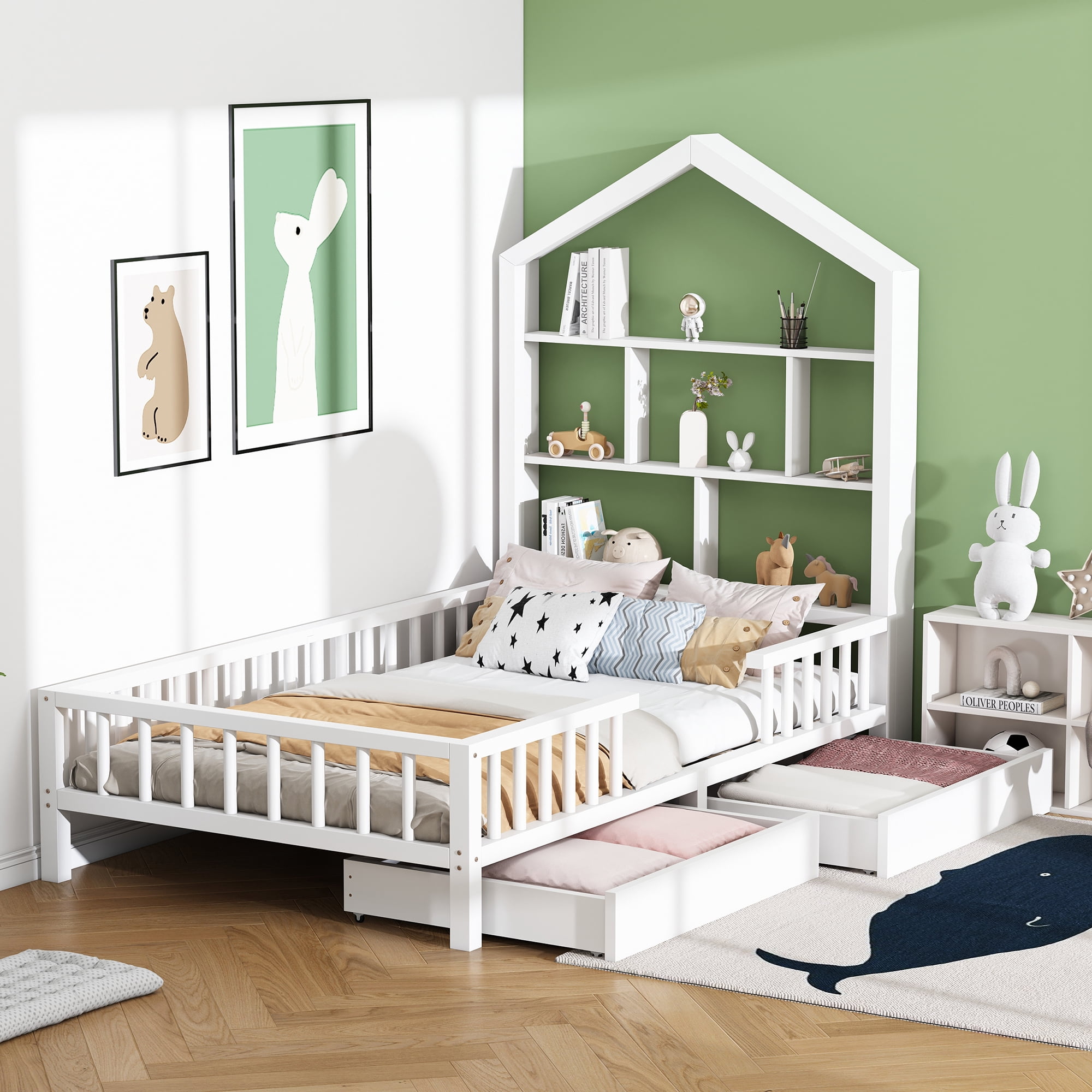 Cuna Woodenheaven, cama casita de madera, color blanco, estilo escandinavo,  para colchón de 180 x 90 con barandillas protectoras - extraíble, marco  incluido ikona Zweryfikowane przez społeczność : : Bebé