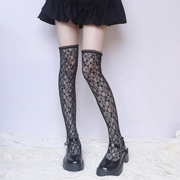 Liguero sexy de encaje negro para medias altas hasta el muslo, calcetines  de mujer con 4 clips de metal vintage