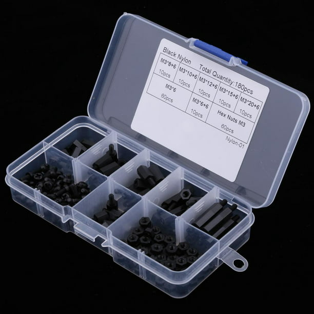 Kit surtido de soportes de nailon con tornillos M3 (caja de 180 piezas,  negro)