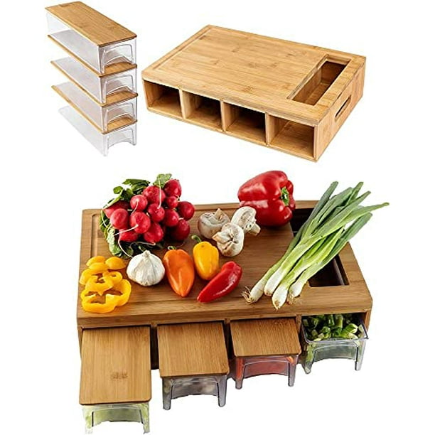  YANs Tabla de cortar de bambú con recipientes para una fácil  preparación de comidas, juego de tablas de cortar extra grandes que ahorran  espacio con ranura para jugo para mantener tu