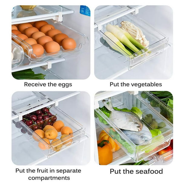 Paquete de 2 organizadores de cajones para refrigerador, organizador  transparente para huevos, frutas, verduras, mariscos, carne, se adapta a  todos