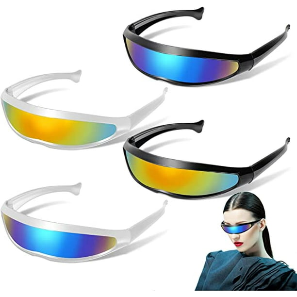 JM 4 Bolsas Gafas Futuristas (Blanco y Negro) Gafas de Sol Estrechas en  Forma de Cíclope Marco Blanco Negro Lentes de Espejo Juego de Roles Gafas  de Disfraces Gafas de Espacio para