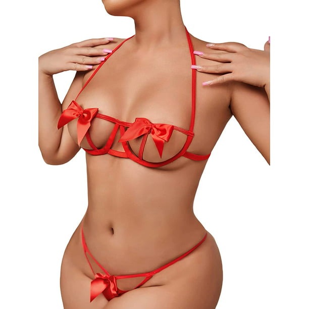 Conjunto de lencería sexy para mujer, conjunto de brasier y bragas con aros  de dos piezas rojo (Red Bow) CH rojo (Red Bow) CH Xishao ropa