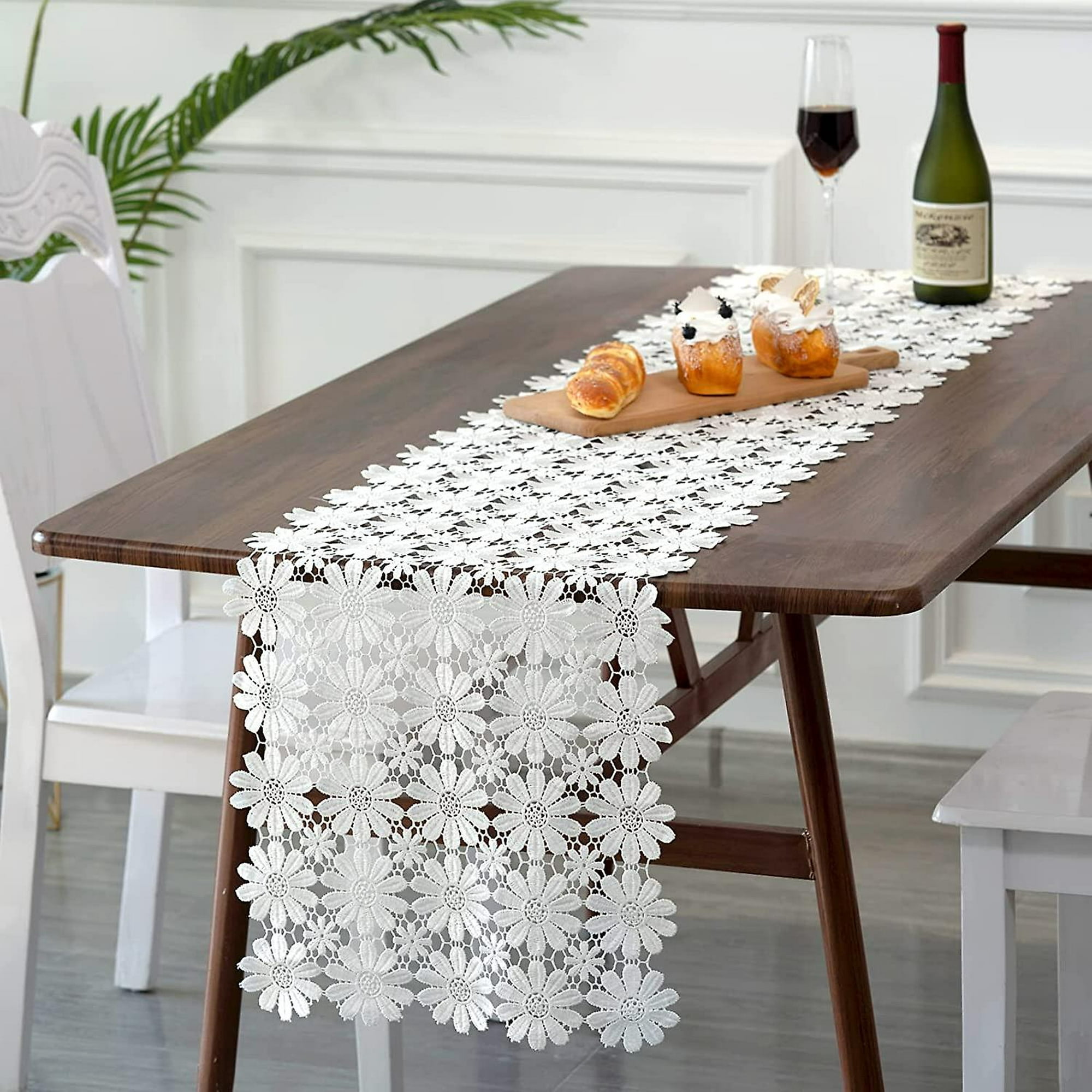 SUTAVIA Camino de mesa de encaje floral bordado blanco, bufanda de gasa,  camino de mesa rústico, decoración de mesa elegante y elegante, cubierta de