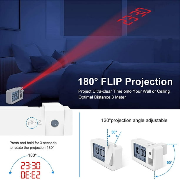 Reloj despertador digital con proyector para dormitorio para proyección en  pared y techo atenuador repetición cargador USB enchufable respaldo de –  Yaxa Store