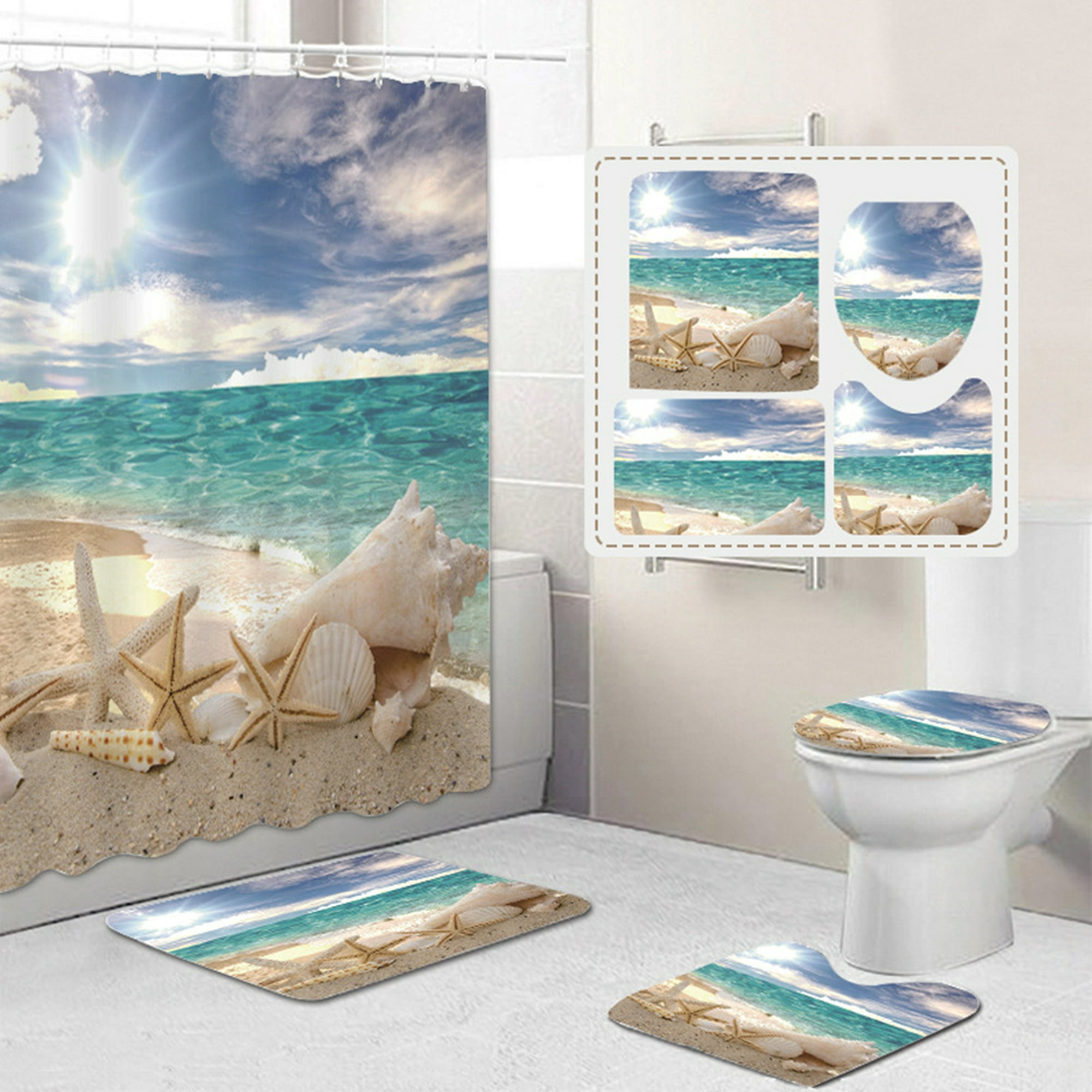 Juegos de baño 4 pc con accesorios para cortinas ducha y alfombras Sea  shell