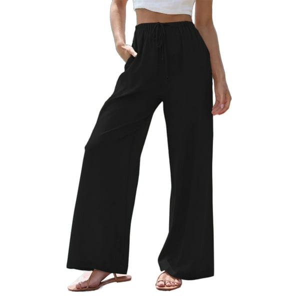 Pantalones De Pierna Ancha Pantalones holgados de mujer Pantalones casuales  de lino de algodón sólido Pantalones femeninos (Negro XL) Ygjytge para  Mujer Negro T S