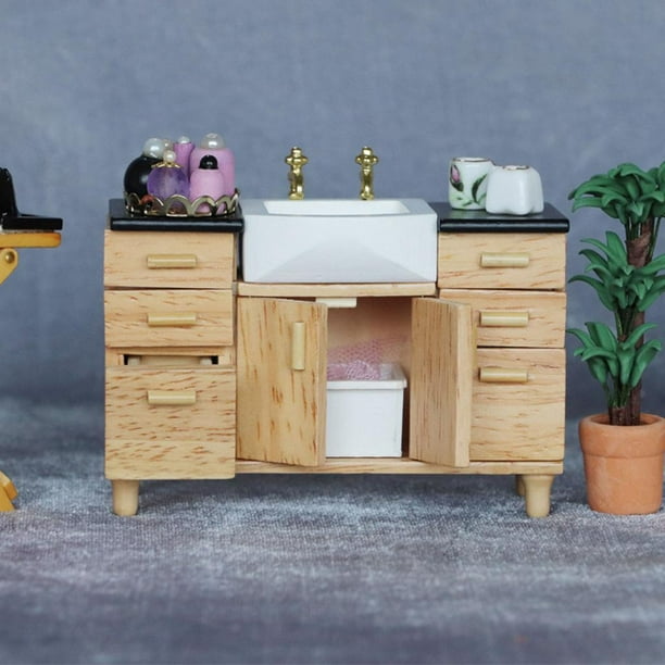 Fregadero de cocina para casa de muñecas, mini muebles de baño 1:12,  fregadero de baño, cocina, fregadero de roble, accesorios para casa de  muñecas