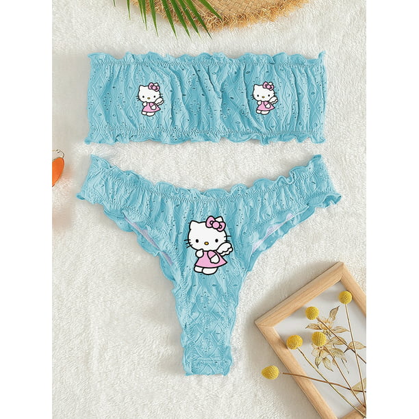 Conjunto de ropa interior con pegatinas de Hello Kitty para mujer, traje de  baño dividido Sexy de Anime Kawaii, Bikini, sujetador, Bragas, tanga