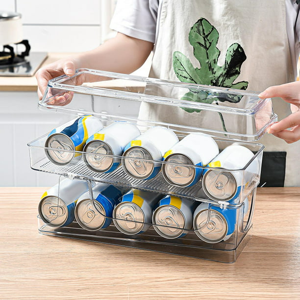 Dispensador organizador de almacenamiento de latas de refresco con ruedas  automáticas de doble capa para refrigerador, soporte apilable para bebidas,  con tapa perfecl Organizador de latas de refresco
