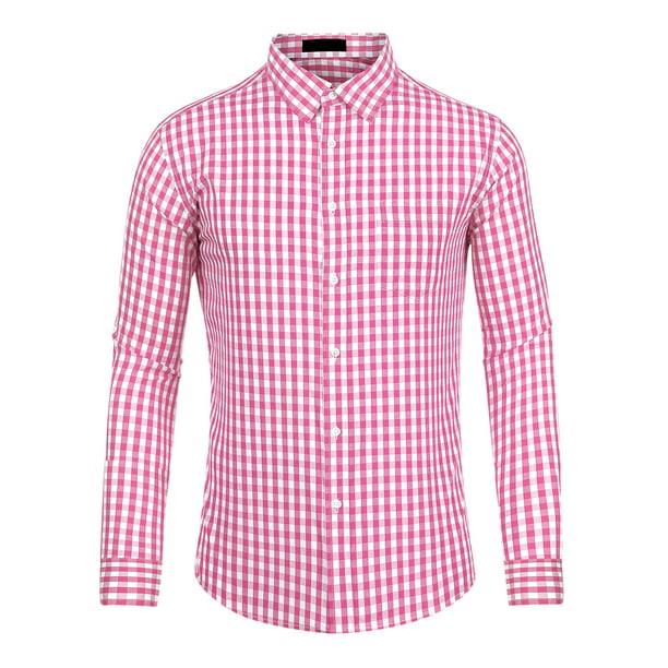 a cuadros para hombre, ajuste regular, con botones, manga larga, vestido, camisas a Rosa blanco M Unique Bargains Camisa | Walmart en línea