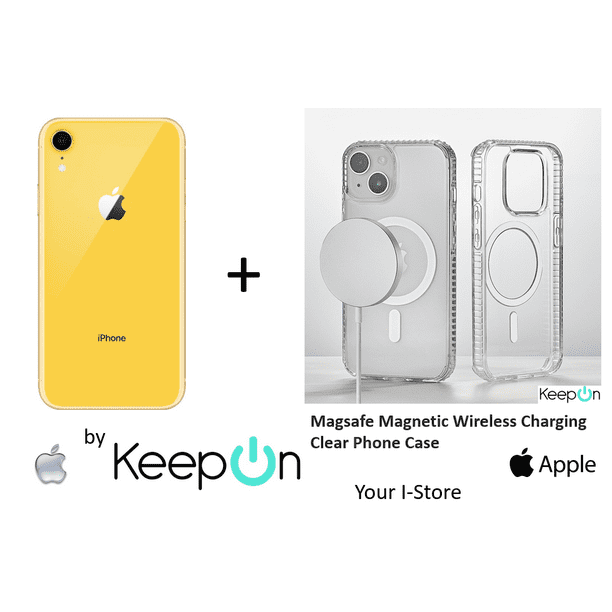 Apple iPhone XR de 128GB en color Amarillo, incluye funda transparente  Magsafe y protector de pantalla KeepOn, reacondicionado