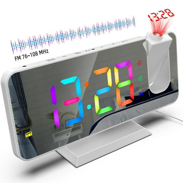 Reloj despertador Radio despertador con proyección de radio Alarmas duales  Reloj despertador digital, luz nocturna de 7 colores para niños junto a la  Blanco mayimx Radio despertador