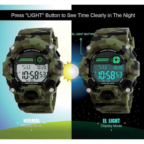 Reloj digital para niños, reloj militar deportivo para niños, con  alarma/temporizador/resistente a los golpes, 5 tiras