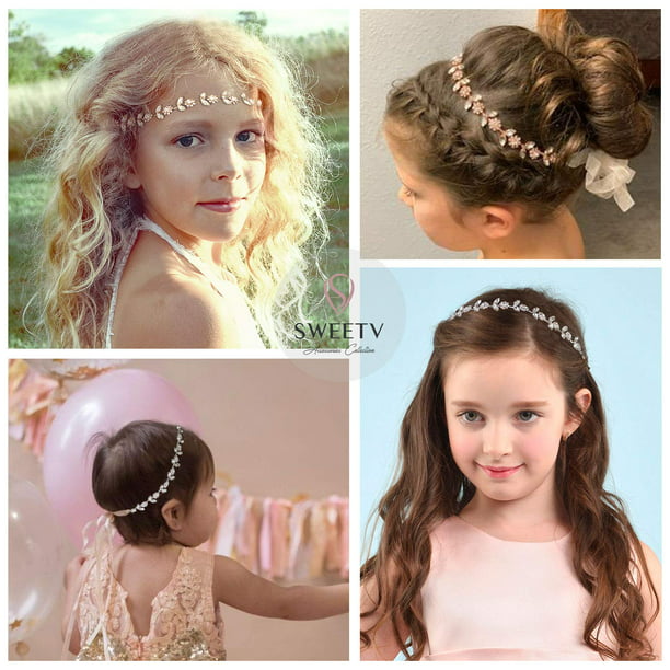 SWEETV Diadema de boda para niña de flores de oro rosa para niñas, tiara de  cristal de princesa, accesorios para el cabello para fiesta de cumpleaños