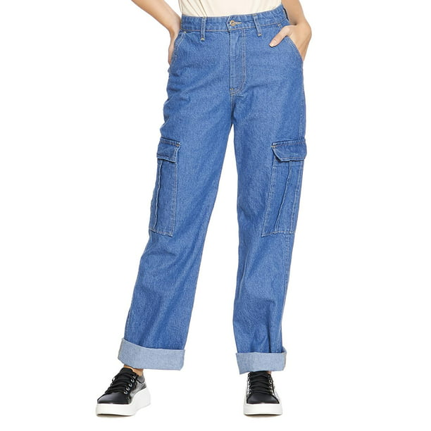 Pantalón Jeans Mom Tiro Alto Wide Leg Cargo Para Mujer Juvenil