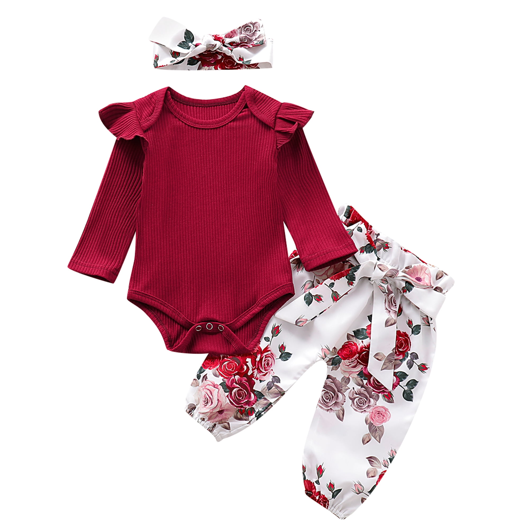 Con estampado de traje de bebé niña con volantes y pantalón floral superior  con diadema Conjunto de XBTCLXEBCO Rojo, 0-3 meses