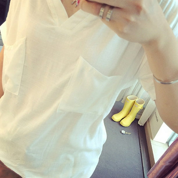  Camiseta de vestir para mujer, casual, OL, larga, de manga  corta, para el trabajo, para mujer, Blanco, XL : Ropa, Zapatos y Joyería