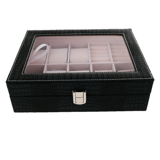  Caja de reloj para hombre, organizador de exhibición de relojes  de madera de lujo, caja de almacenamiento para 6 relojes con tapa de vidrio  y cojines suaves, color negro/madera : Ropa
