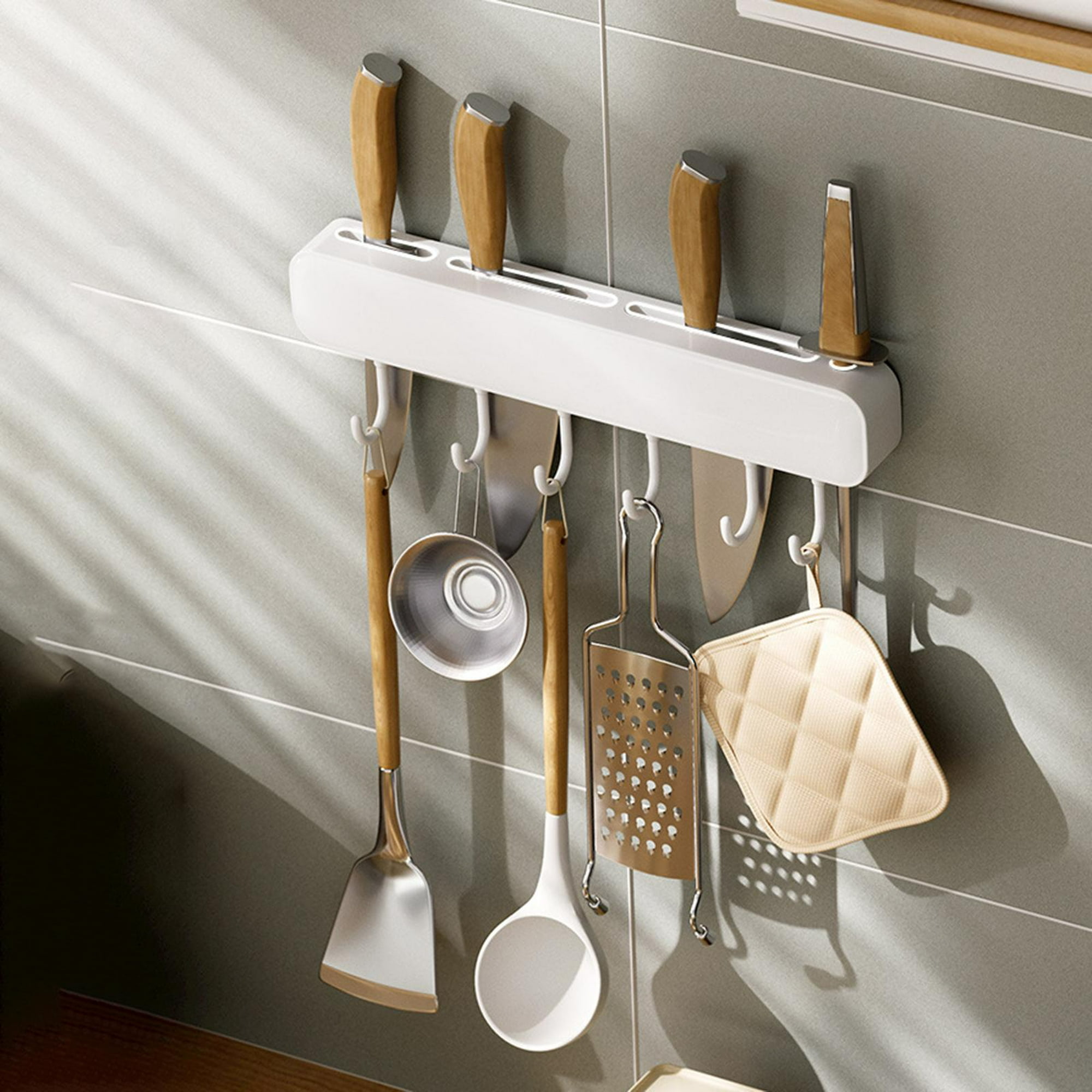 Soporte para utensilios de cocina de 14 pulgadas para colgar en la pared,  ganchos de fila, estante para colgar cucharas, espátula, 6 ganchos (blanco)