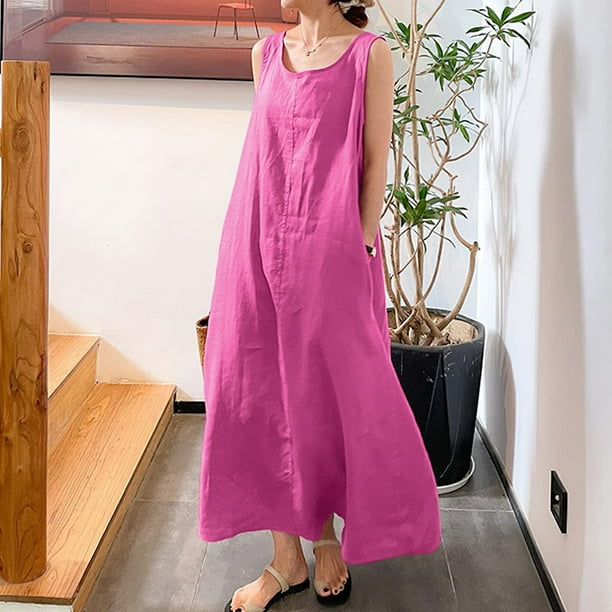 Vestido Lino Algodón Vestidos casuales Vestido de lino de algodón con  bolsillo Vestidos de playa de talla grande (Rosa XXXL) Kuymtek para Mujer  Rosa T L