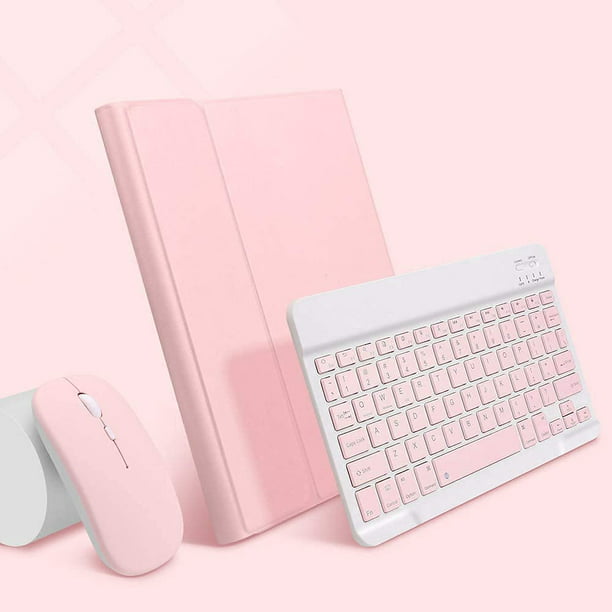 1 Uds. Funda para tableta 9,7 teclado bluetooth (teclado retroiluminado  rosa claro elegante + funda de cuero + ratón de carga de modo dual iPad  air1/2