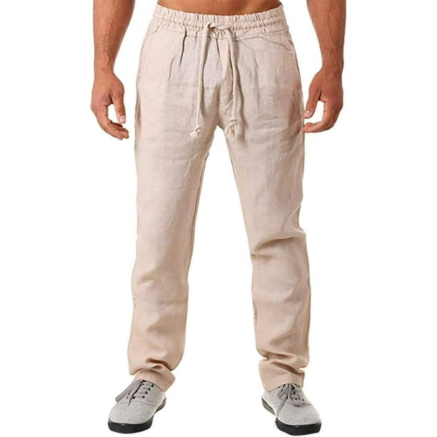 Pantalones casuales de lino para hombre, color sólido, ligeros, sueltos,  elásticos, con cordón, rectos, para verano, playa, yoga 072-caqui G  072-caqui G Xishao ropa