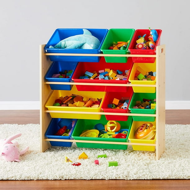 Organizador de almacenamiento de juguetes para niños con 4 estantes, 2  azules, 2 verdes, 2 amarillos, 2 cubos de plástico rojos, perfecto para