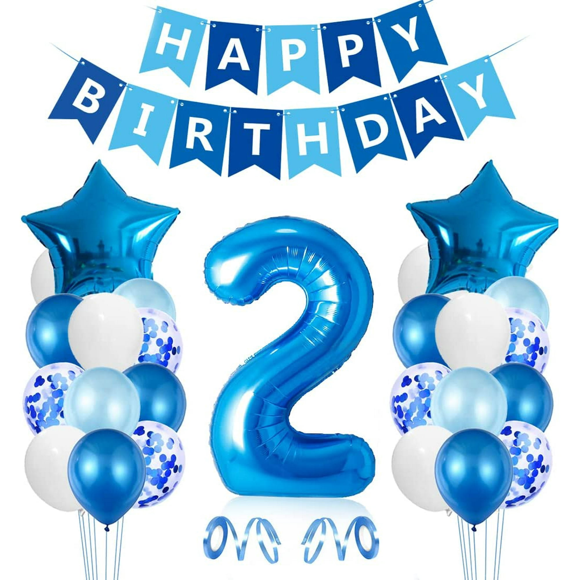 Globo de cumpleaños para niño de 2 años, decoraciones de cumpleaños azules  de 2 años, globos de cumpleaños número 2, globos de confeti de látex