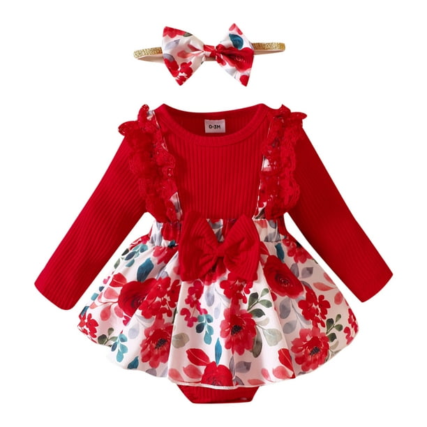 Gibobby Mamelucos para bebe niño Conjunto de diademas para niñas pequeñas  con volantes de manga larga con estampado floral y(Rojo, 0-3 Meses)