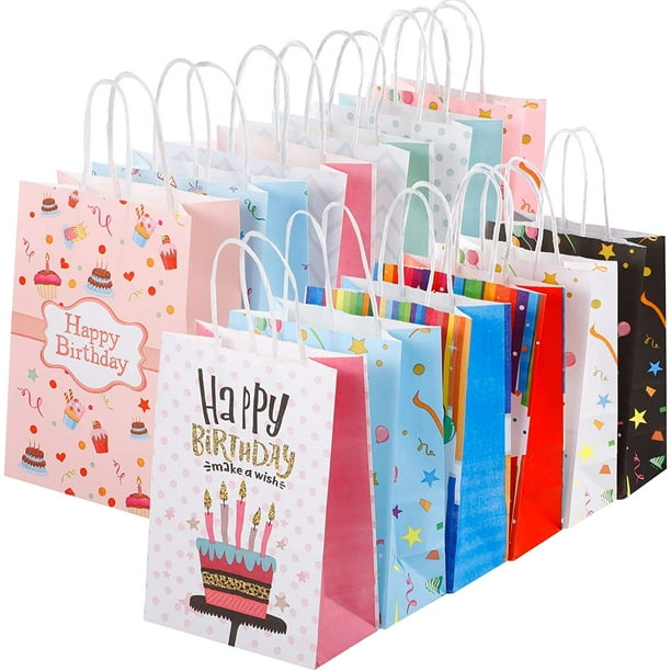 Pack de 12 bolsas de feliz cumpleaños, 21 x 15 x 8 cm bolsas de regalo  bolsas de feliz cumpleaños bolsas de papel kraft de colores con asas para cumpleaños  infantiles luna