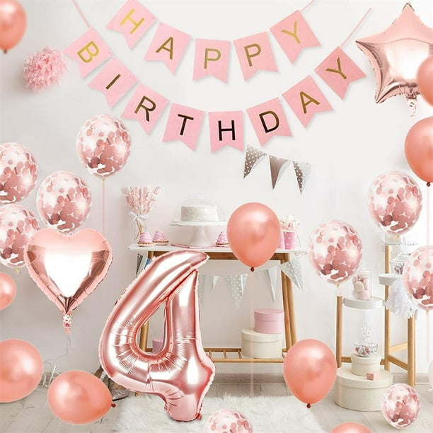 4 globos cumpleaños niña, 4 globos oro rosa, globos cumpleaños 4 años oro  rosa, globo niña 4 años, globos cumpleaños oro rosa, decoración fiesta