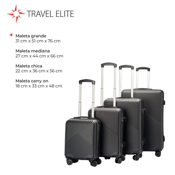 Travel Elite - Set 4 Maletas de Viaje, G (25 kg), M (20 kg), C (10 kg),  Carry On (8kg) negro Travel Elite 0.75
