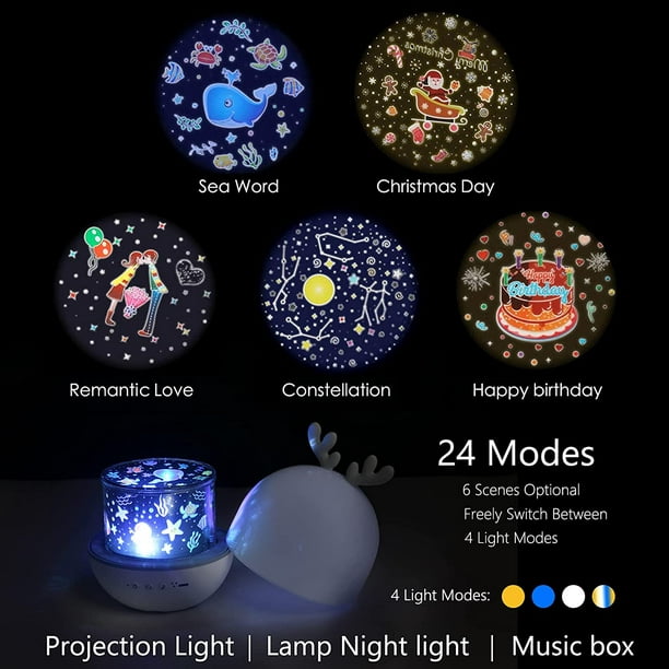 Proyector Estrellas Bebé Lámpara Proyector Infantil Luz Nocturna con 8  películas 4 Música 7 Modos y Control Remoto, 360° Rotación, para Niños y  Bebés Navidad, Cumpleaños, Habitación, Regalos, Juguetes : :  Iluminación