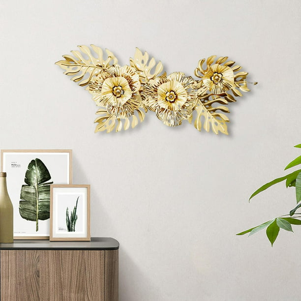 Decoración de pared de metal 3D, hojas de arte de pared de metal,  decoración moderna dorada para el hogar, esculturas de pared flor dorada  hechas a
