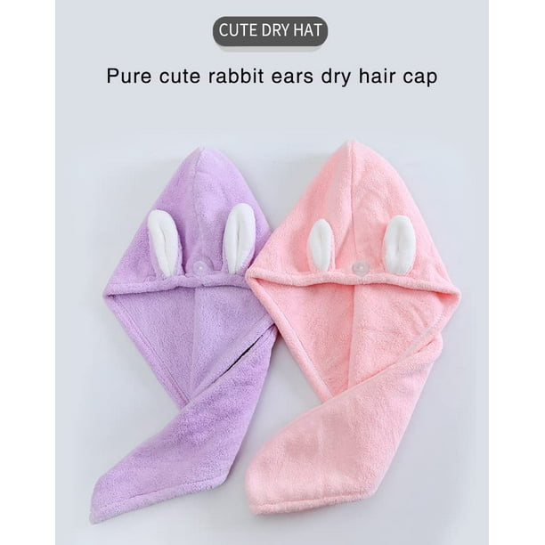 Toalla de pelo (rosa + morado) turbante de orejas de conejo, paquete de 2,  toalla de pelo de microfibra, súper absorbente, toalla de secado de cabello