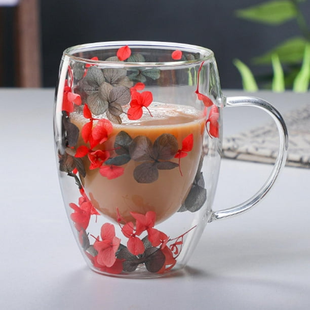 Tazas de café de doble pared de 300ml, taza de vidrio transparente aislada, tazas  de café expreso resistentes al calor, relleno de flores decoradas Estilo A  mayimx Taza de café