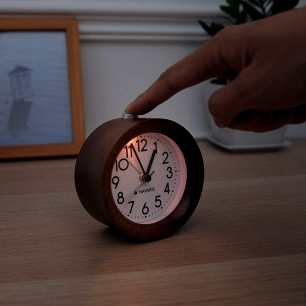 Despertador analógico sin tictac, reloj despertador de madera con