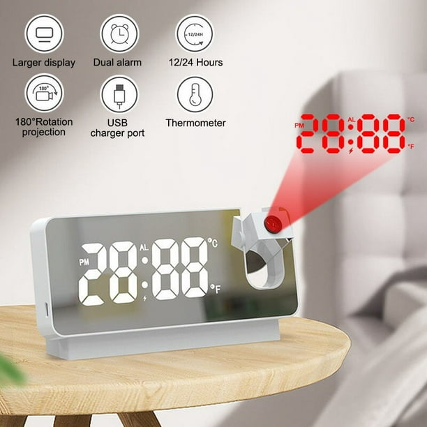 RV Reloj despertador de proyección Digital LED con rotación de 180 °,  proyector de techo electrónico USB, despertador para dormitorio, mesita de  noche, Reloj de escritorio Rojo Verde