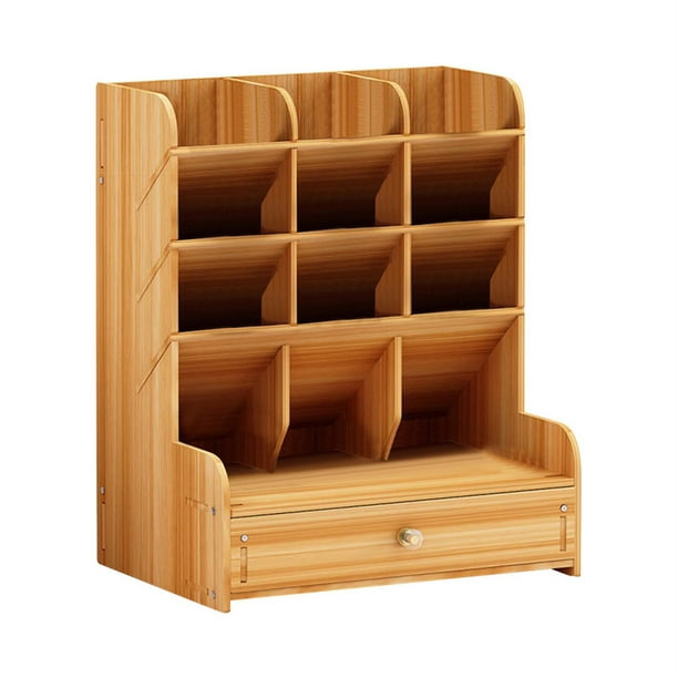  PAG organizador de escritorio de madera para materiales de  oficina, lapicero, soporte para accesorios de malla con cajón y 7  compartimentos, marrón : Productos de Oficina