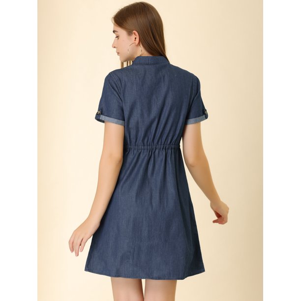 Vestido Camisero Informal Profesional de Ajuste estándar para Mujer Vestido  de Manga Corta Vestido clásico de Color sólido para Mujer Vestido a Media  Pierna,Azul,Small : : Moda