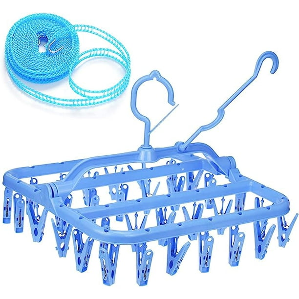 Tendedero de 32 clips de plástico para colgar ropa, toallas, sujetadores,  ropa interior, secado plegable (color: azul)